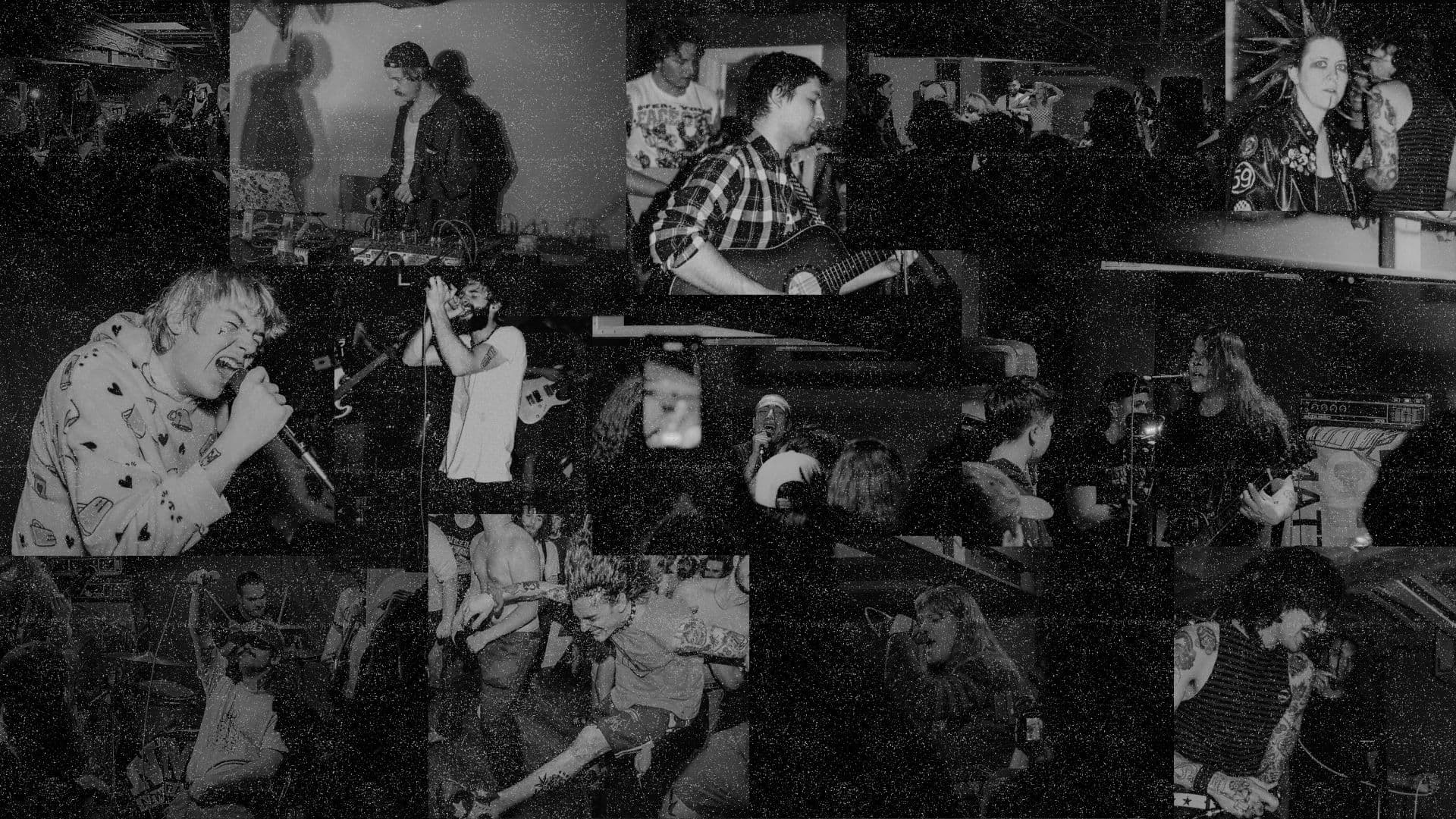 A packed basement music venue with a hand-painted The Dog Pit sign by the stage.